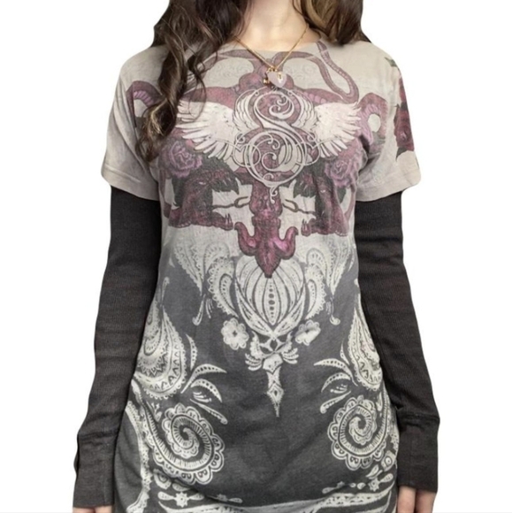 Y2K Sinful by Affliction  Grunge Cross wings purple/white T-shirt woman's Medium - Picture 1 of 11